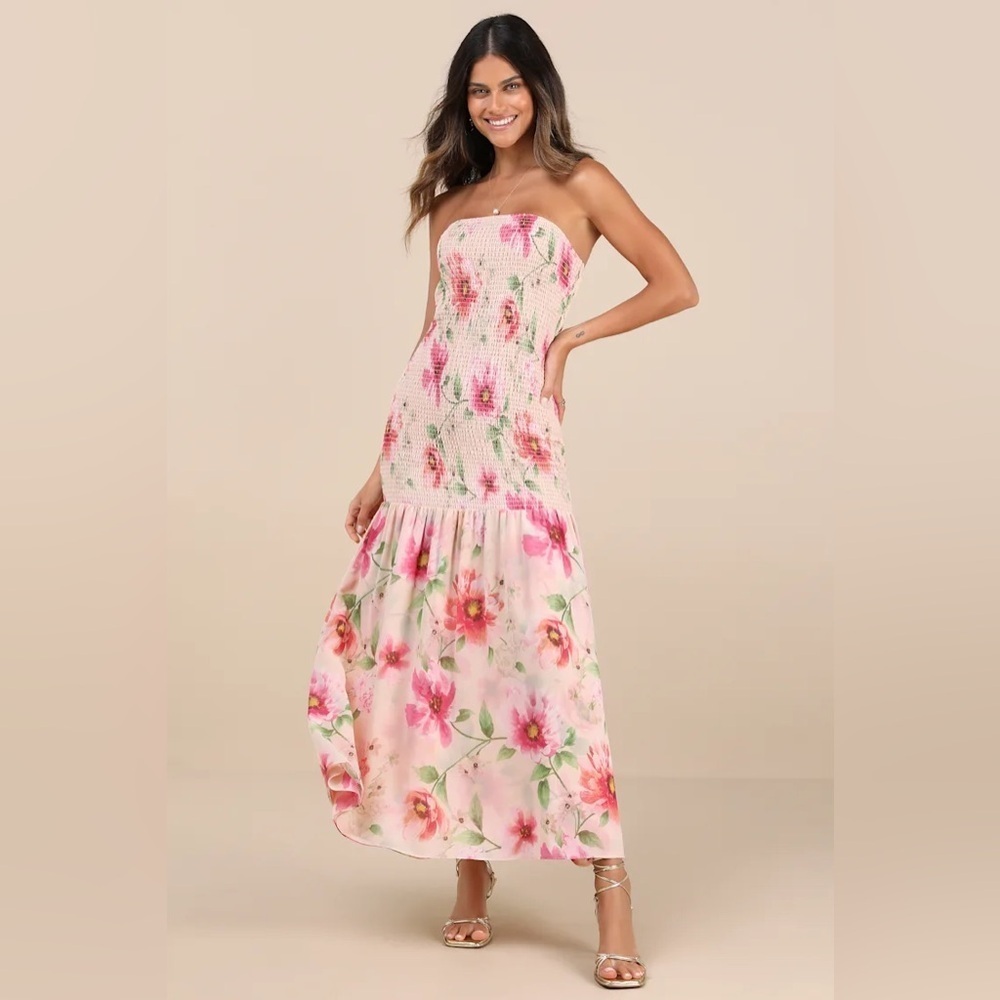 Lulus Balbina Beige Floral Smocked Drop Waist Maxi Dress